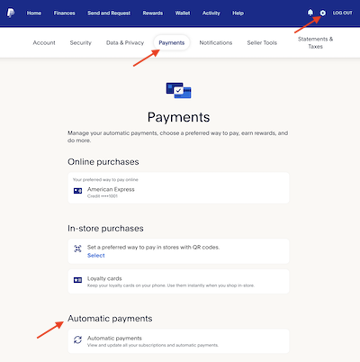 Configuración de PayPal - Haz clic en el icono de engranaje, Pagos, Pagos automáticos